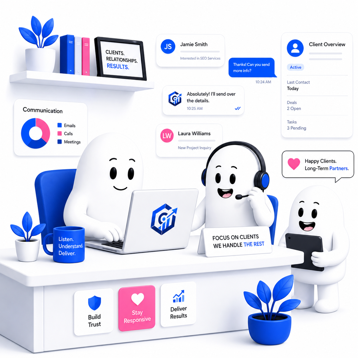 WhiteSpot client communication cartoon illustration