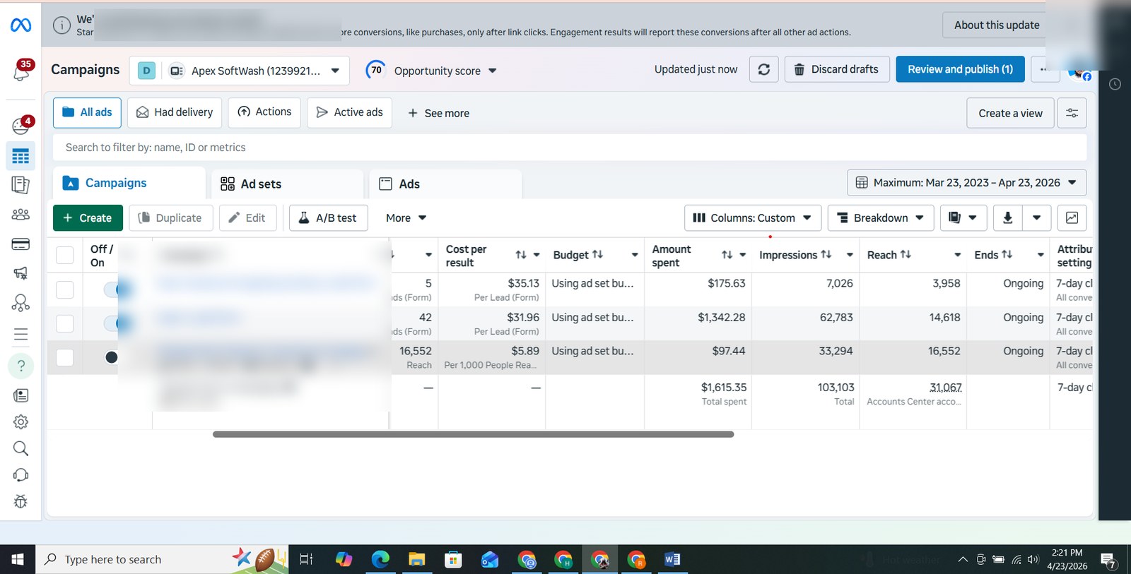 Local lead generation campaign screenshot